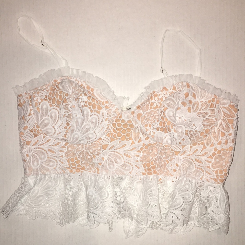 LUSH White Lace Peplum Bustier Crop Top – Size M